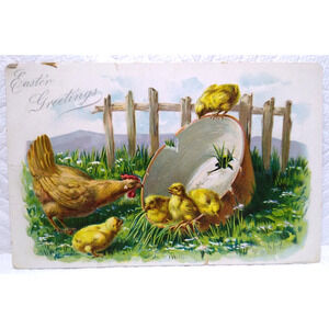 Tucks Easter Greetings Postcard Baby Chicks Hen Fence Series 111 Embossed TEARS
